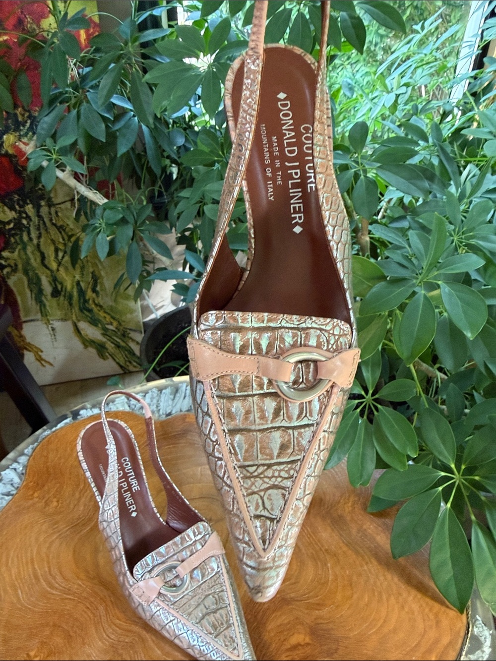 Donald J. Pliner Iridescent Rose Gold Croc-Embossed Slingback Mules